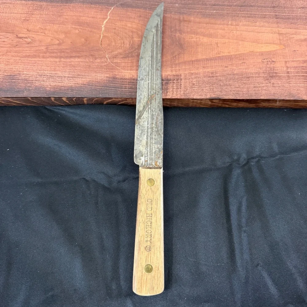 Old Hickory Tru-Edge Butcher Knife Carbon Steel Wood Handle Made in USA Vintage